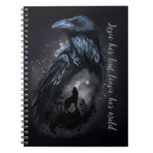 Raven and wolf that howls at the moon