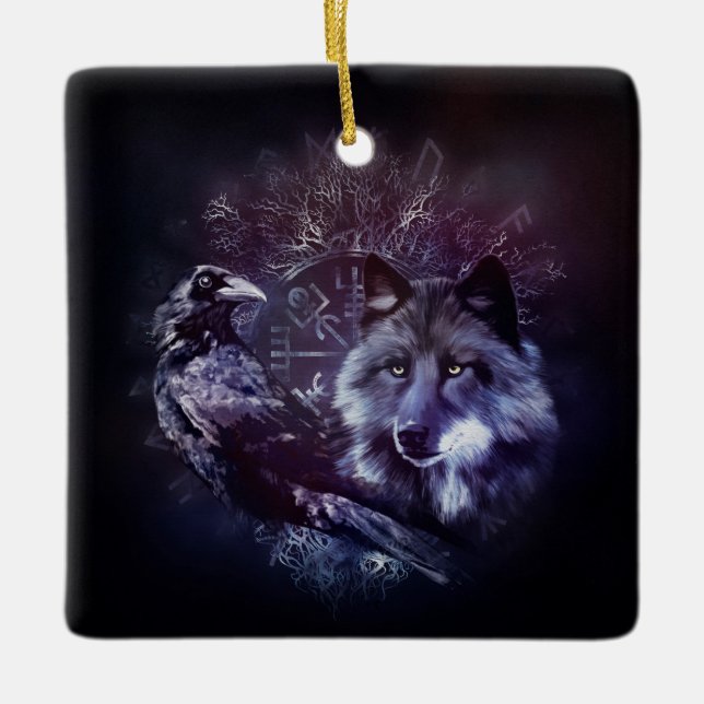 Raven and Wolf - Vegvisir and Tree of life Ceramic Ornament (Front)