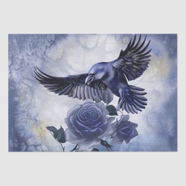 Raven Bird Blue Rose Whimsical Decoupage Tissue Paper (Front)