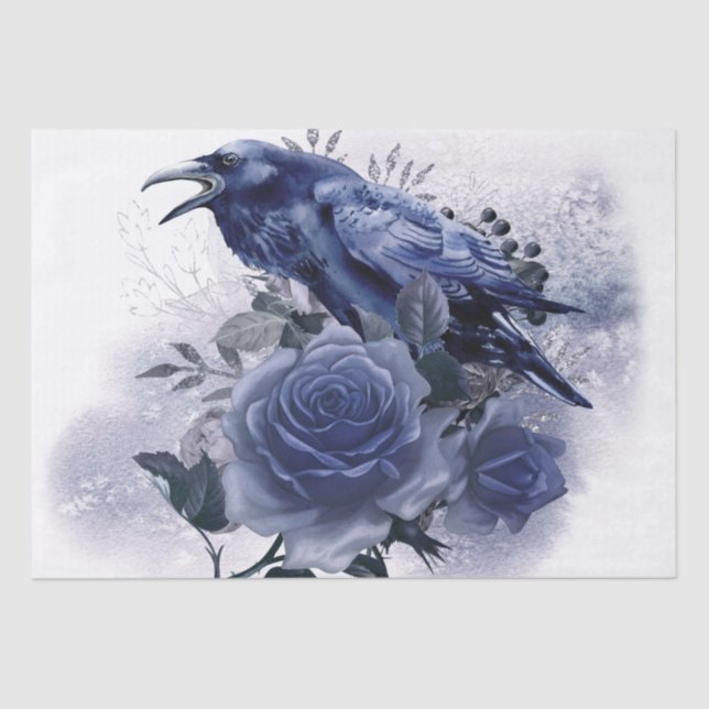 Raven Bird Blue Rose Whimsical Decoupage Tissue Paper (Front)