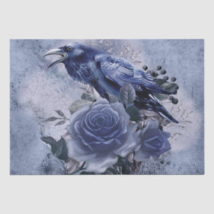 Raven Bird Blue Rose Whimsical Decoupage Tissue Paper