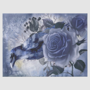 Raven Bird Blue Rose Whimsical Decoupage Tissue Paper