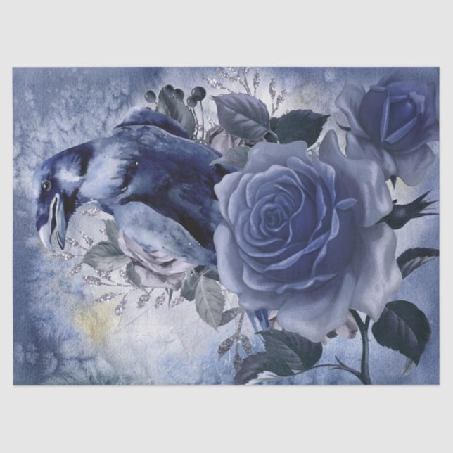 Raven Bird Blue Rose Whimsical Decoupage Tissue Paper (Front)