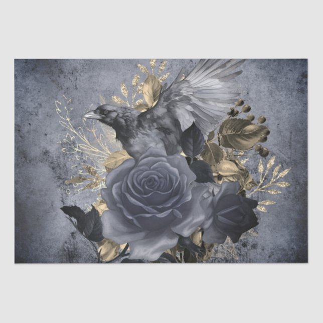 Raven Bird Gold Blue/Black Rose Whimsical Tissue P Tissue Paper (Front)