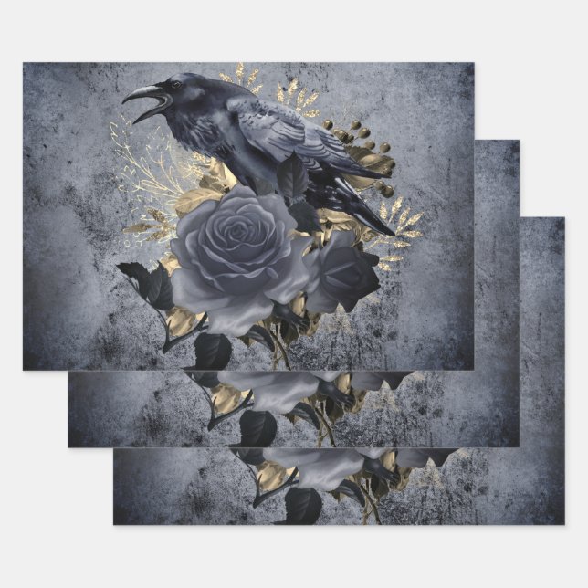 Raven Bird Gold Blue/Black Rose Whimsical Wrapping Paper Sheet (Set)