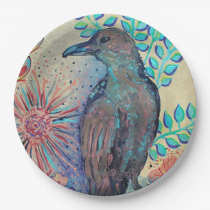 raven bird painting paper plate