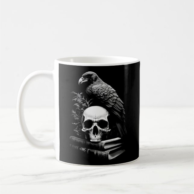 Raven Bird Skull And Books Witchy Occult Academia  Coffee Mug (Left)