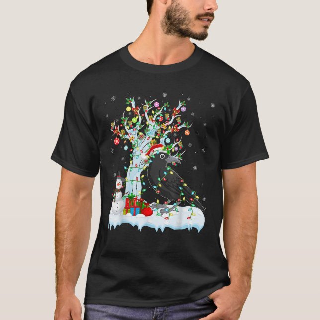 Raven Bird Xmas Lighting Tree Santa Hat Raven Chri T-Shirt (Front)