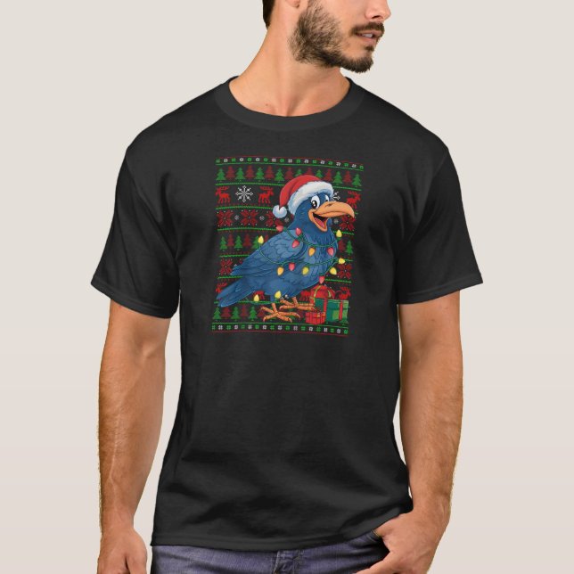 Raven Bird Xmas Lights Ugly Santa Hat Raven Christ T-Shirt (Front)