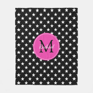 Raven Black and Diva Pink Stars Monogram Fleece Blanket