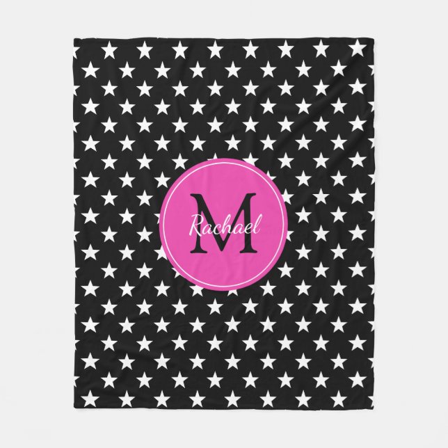Raven Black and Diva Pink Stars Monogram Fleece Blanket (Front)