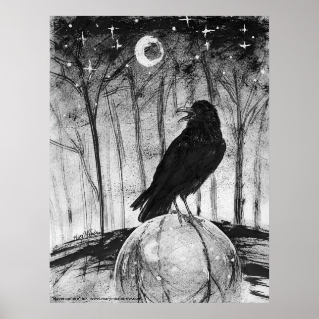 Raven (black bird) in woods with Moon and stars Poster (Front)