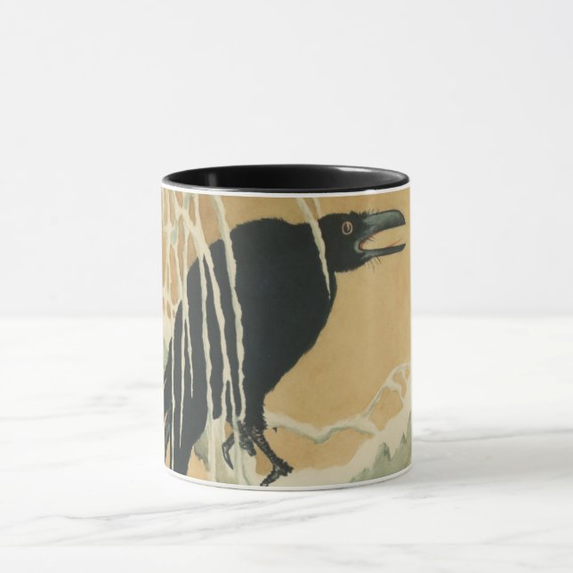 Raven black bird tree branch vintage illustration mug (Center)