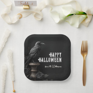 Raven & Black Rose Gothic Halloween Custom Name Paper Plate