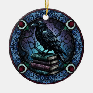 Raven Book Stack Gothic Bookish Ceramic Tree Decoration