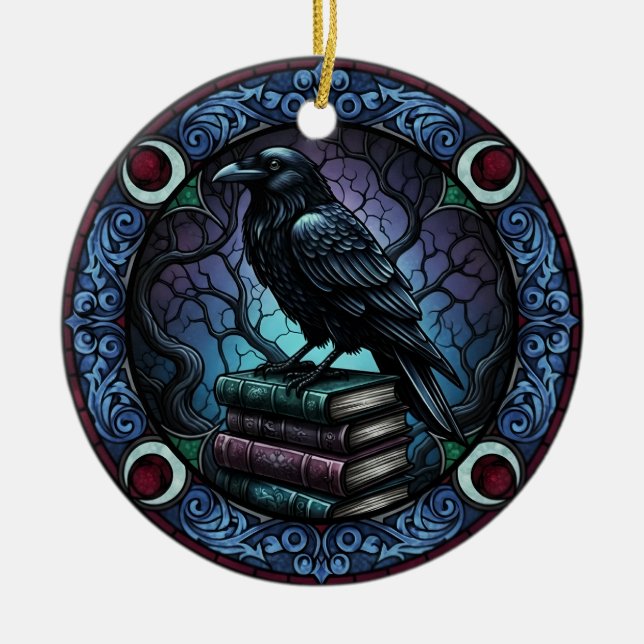 Raven Book Stack Gothic Bookish Ceramic Tree Decoration (Front)