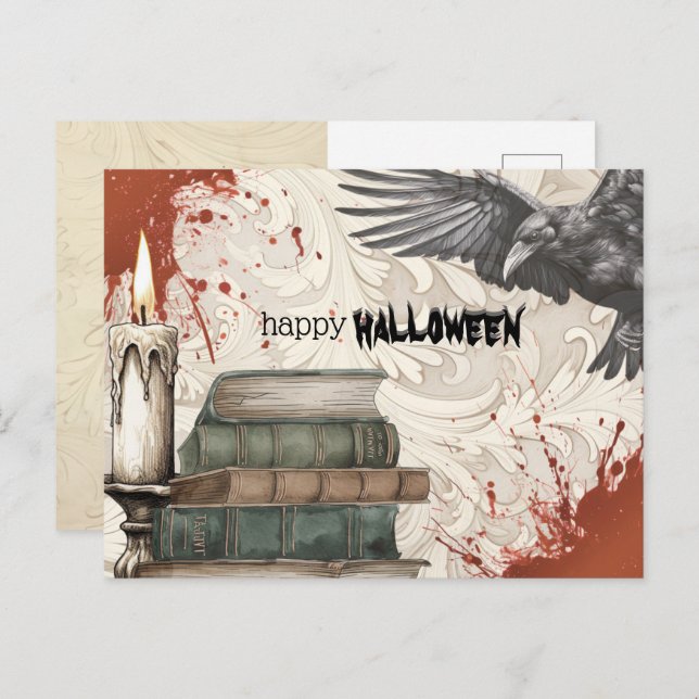 Raven | Books | Halloween Candle Holiday Postcard (Front/Back)