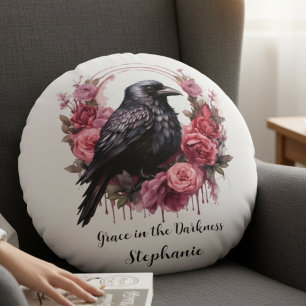 Raven botanical floral pink round cushion