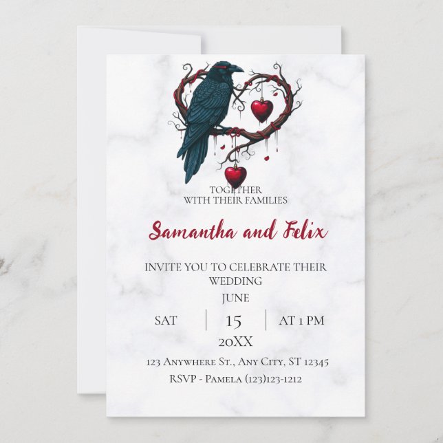 Raven Branch Heart Marble Wedding Invitation (Front)