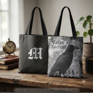 Raven Carpe Noctem Gothic Monochrome Tote Bag