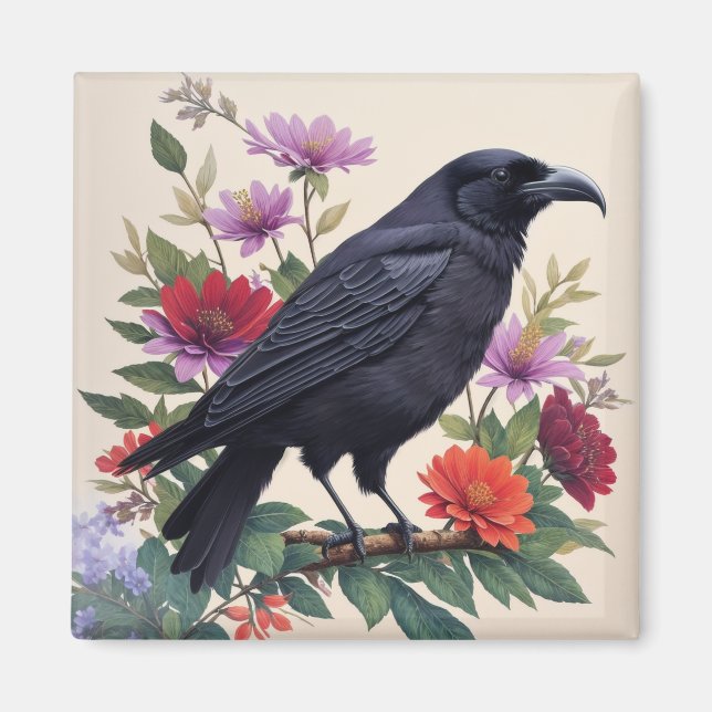Raven Colourful Floral Art Magnet (Front)