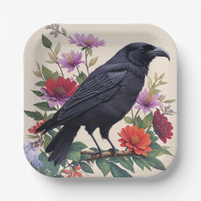 Raven Colourful Floral Art Paper Plate (Front)