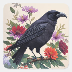 Raven Colourful Flowers Art Square Sticker