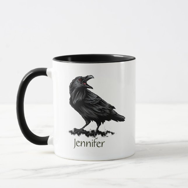 Raven Crow Black Bird Animal art Custom Name Mug (Left)