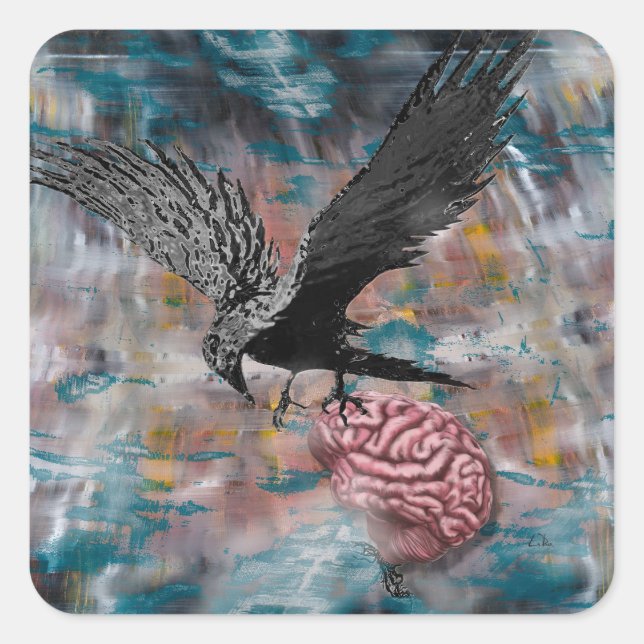 Raven Crow Black Bird Brain Abstract Surreal Art Square Sticker (Front)