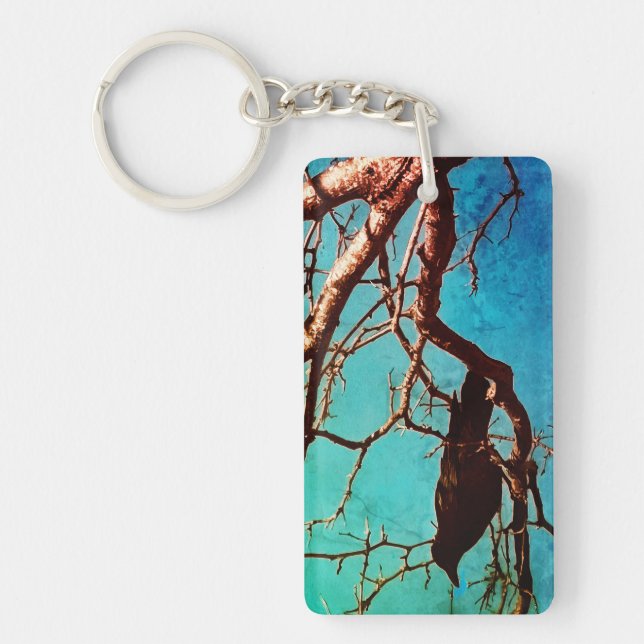 Raven Crow Black Bird Silver Tree Blue Sky Photo Key Ring (Front)