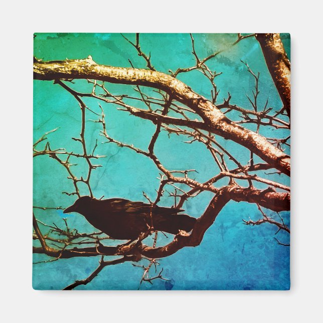 Raven Crow Black Bird Silver Tree Photo Magnet (Front)