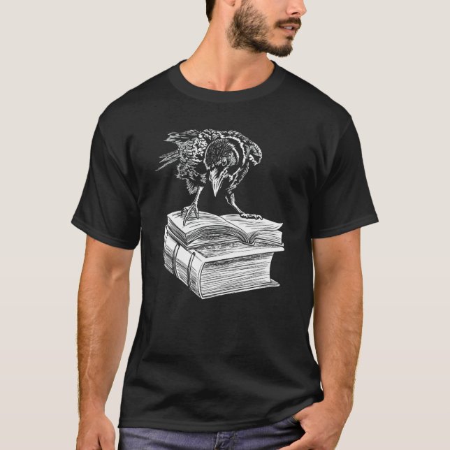 Raven Crow Book Aesthetic Dark Academia Bookworm T-Shirt (Front)