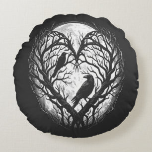 Raven Crow Heart Tree Round Cushion