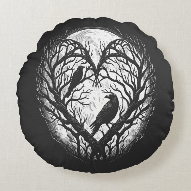 Raven Crow Heart Tree  Round Cushion (Front)