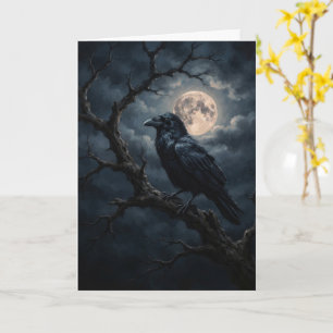 Raven Crow on Tree Branch Under Full Moon Gothic Card