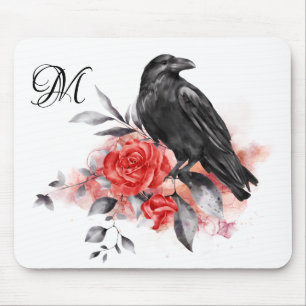 Raven Elegant Monogram Gothic Rose Watercolor Art Mouse Mat
