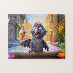 Raven Enjoying Ice Cream In Sunny City Jigsaw Puzzle