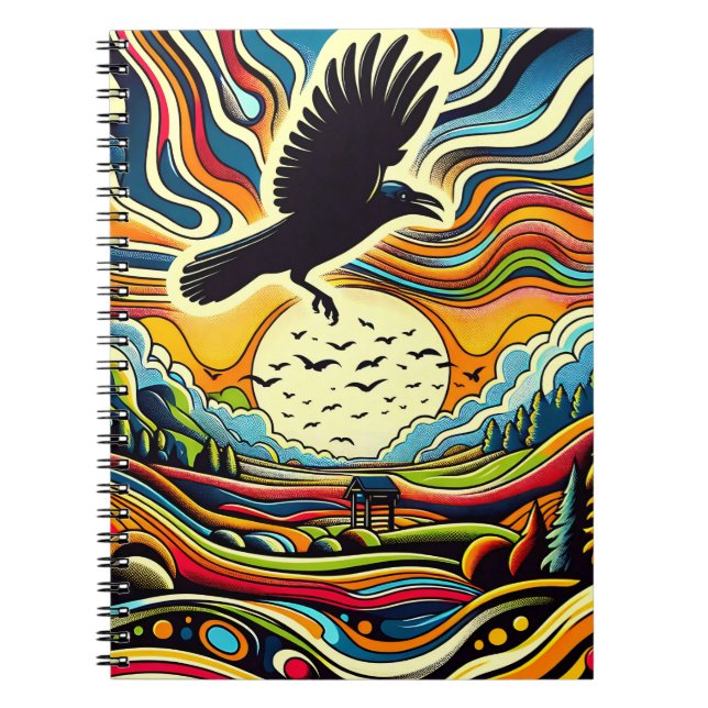 Raven Flight Horizon – Vibrant Sky Landscape Notebook (Front)