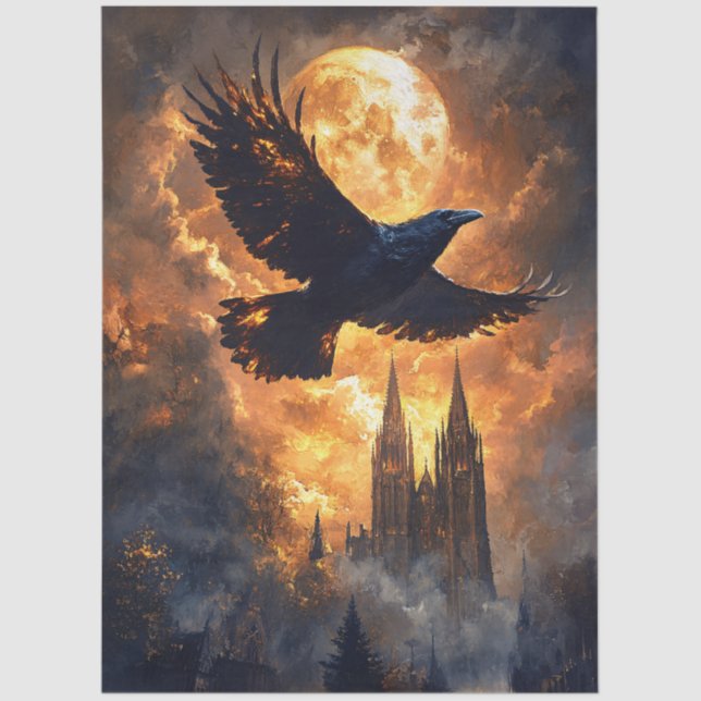 Raven Flying Over Gothic Cathedral Decoupage Tissue Paper (Front)