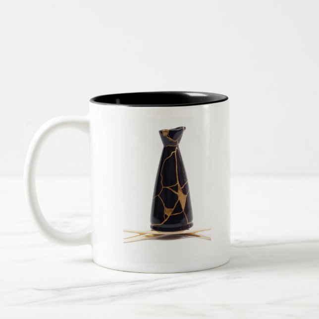 Raven Gold Kintsugi Black Sake Bottle Two-Tone Coffee Mug (Left)