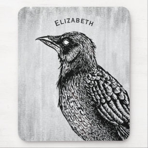 Raven Gothic Black White Creepy Bird Drawing Name Mouse Mat