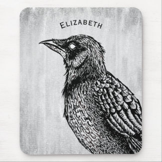 Raven Gothic Black White Creepy Bird Drawing Name Mouse Mat