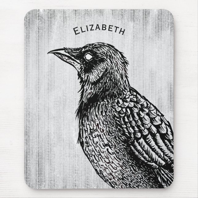 Raven Gothic Black White Creepy Bird Drawing Name Mouse Mat (Front)