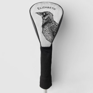 Raven Gothic Black White Horror Ink Drawing Name Golf Head Cover
