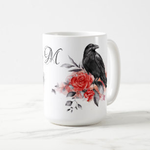 Raven Gothic Roses Watercolor Fantasy Art Monogram Coffee Mug