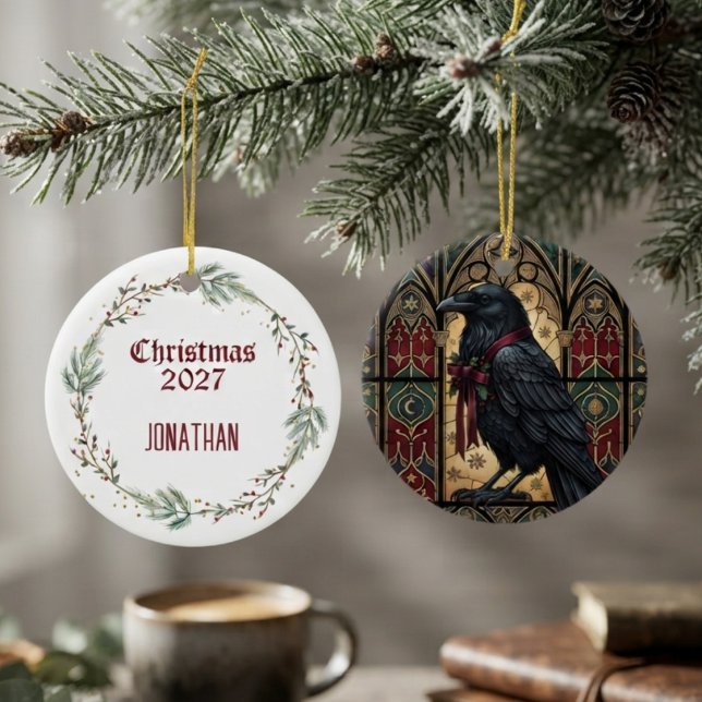 Raven Gothic Stained Glass Ceramic Tree Decoration (Simulated stained glass raven christmas ornament for alternative holiday lovers .)