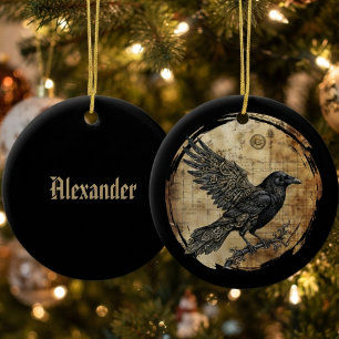 Raven Gothic Steampunk Art Ceramic Tree Decoration