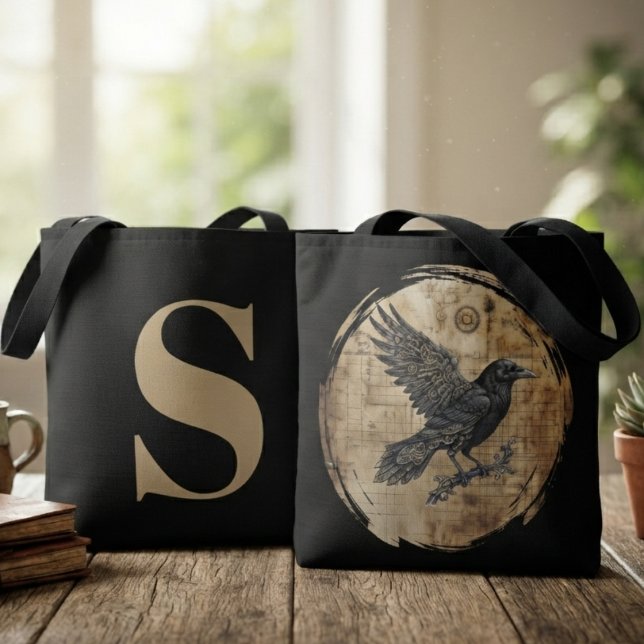 Raven Gothic Steampunk Art Tote Bag (Steampunk raven tote bag for book lovers on daily library trips.)