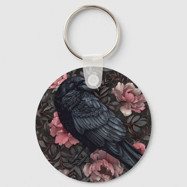 Raven gothic vintage flowers key ring (Front)