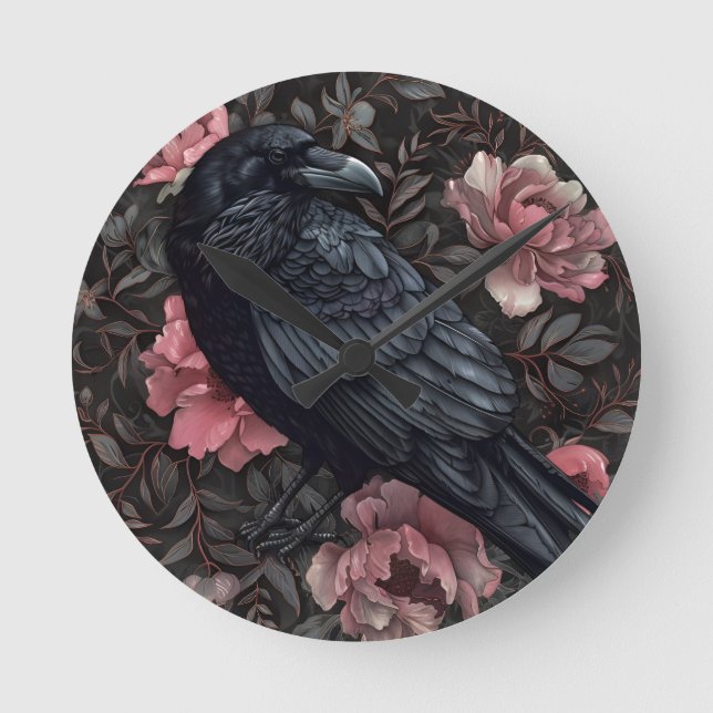 Raven gothic vintage flowers round clock (Front)